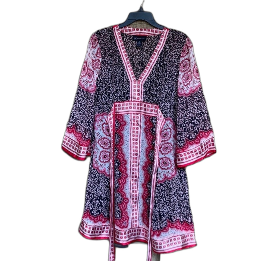 INC silk ethnic print lined dress bell sleeve